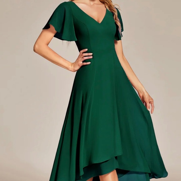 V-Neck High Low Chiffon Ruffled Evening Dress Sz 14 - Picture 1 of 3